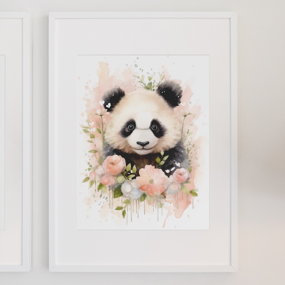 Watercolor Panda Bear With Flowers Portrait Wall Art Illustration Print Unframed - Picture 3 of 6